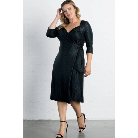 Kiyonna Wrap Dress Party Socialite Style Sweetheart Neck Black Shimmer 2X LBD - Picture 10 of 11